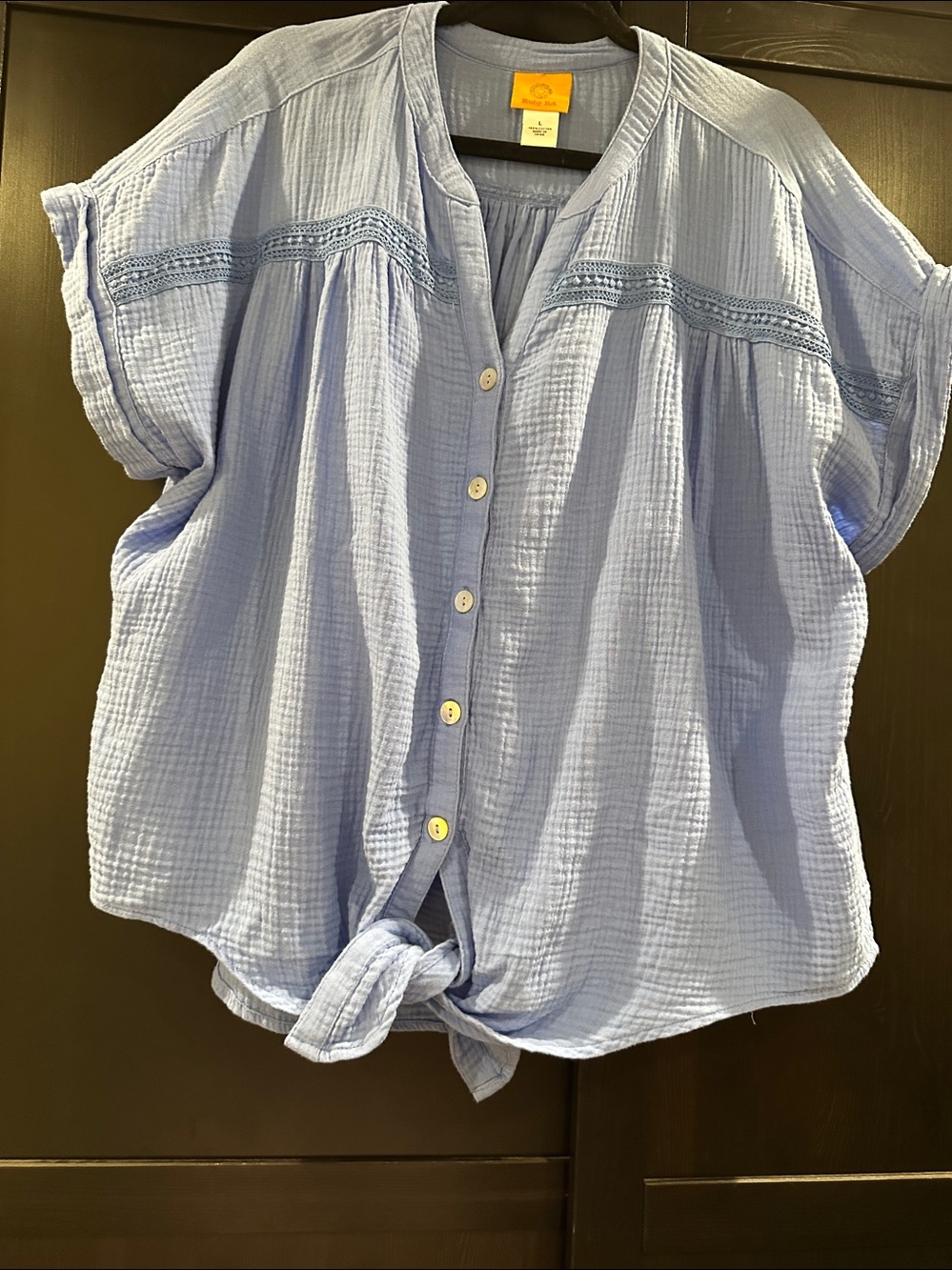 Ruby Rd. Pale Blue Gauze Button-Front Tie Hem Top